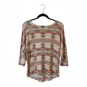 Boho Western Aztec Cream Red Stretch 3/4 Sleeve Top Large